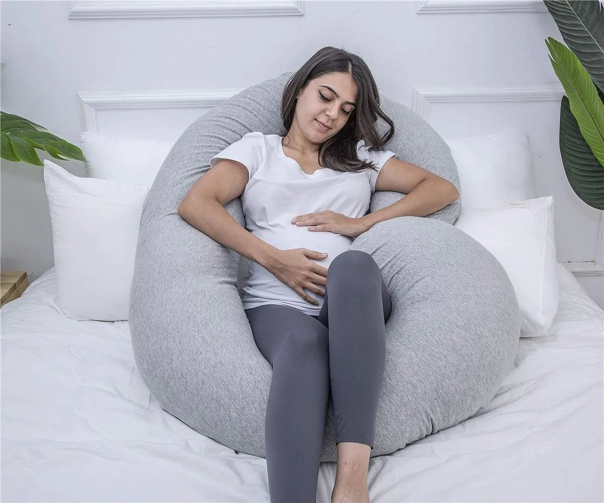 Pregnancy Pillow, C Shaped Full Body Pillow for Maternity Support, Pregnant Women Sleeping Pillow with Jersey Cover (Light Grey)