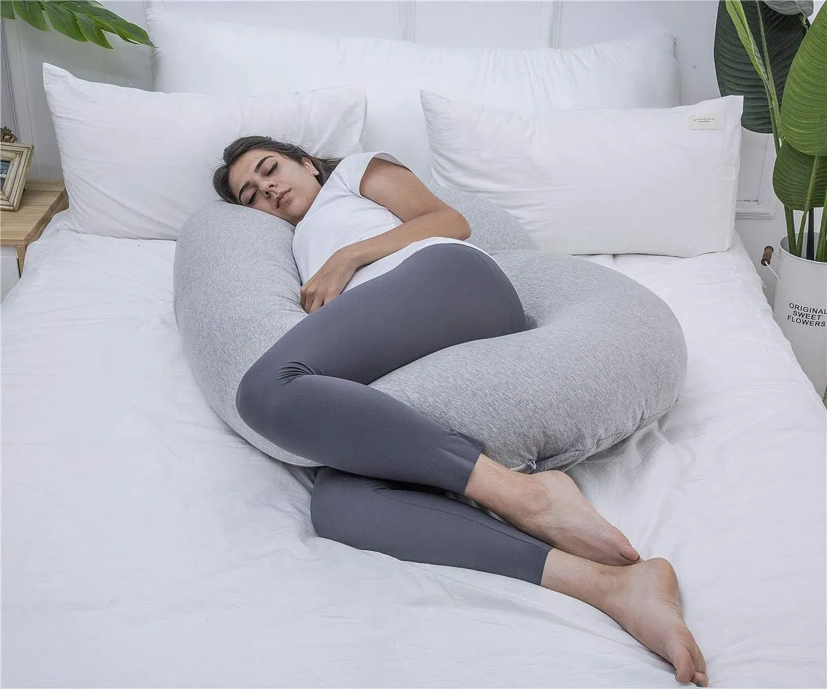 Pregnancy Pillow, C Shaped Full Body Pillow for Maternity Support, Pregnant Women Sleeping Pillow with Jersey Cover (Light Grey)