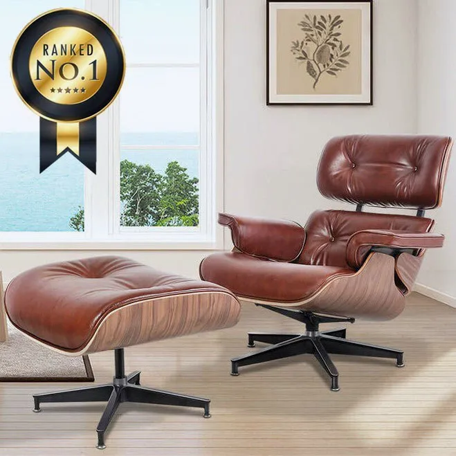 Premium Aniline Leather Plywood Swivel Lounge Chair With Ottoman