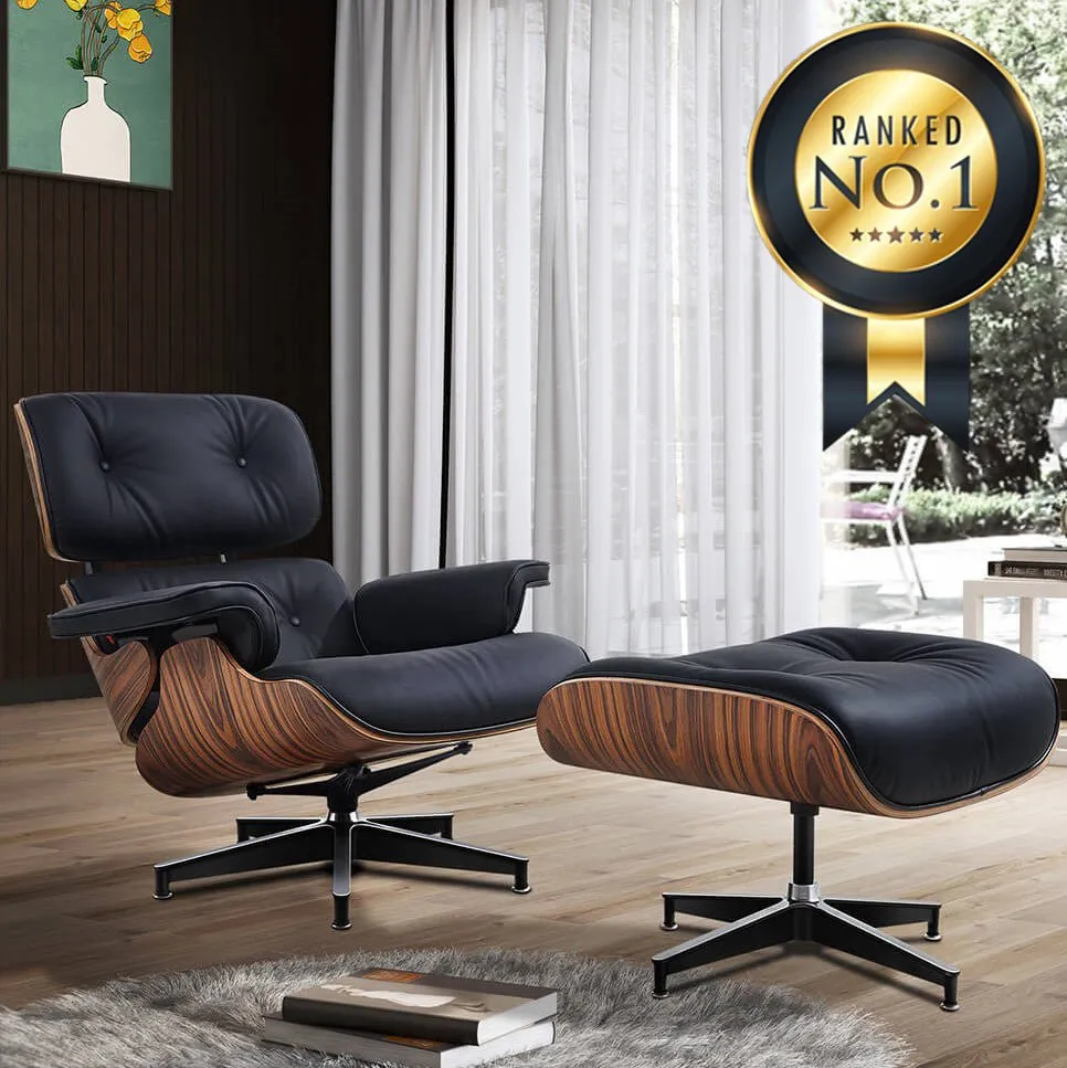 Premium Aniline Leather Plywood Swivel Lounge Chair With Ottoman
