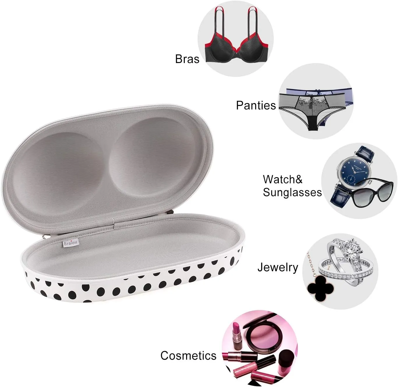 Premium Bra Case Lingerie Travel Bag Zip Underwear Organizer Bag for A-DD Cup (Black Dot)