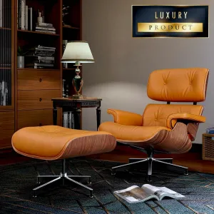 Premium Extra Large Aniline Leather Swivel Lounge Chair With Ottoman