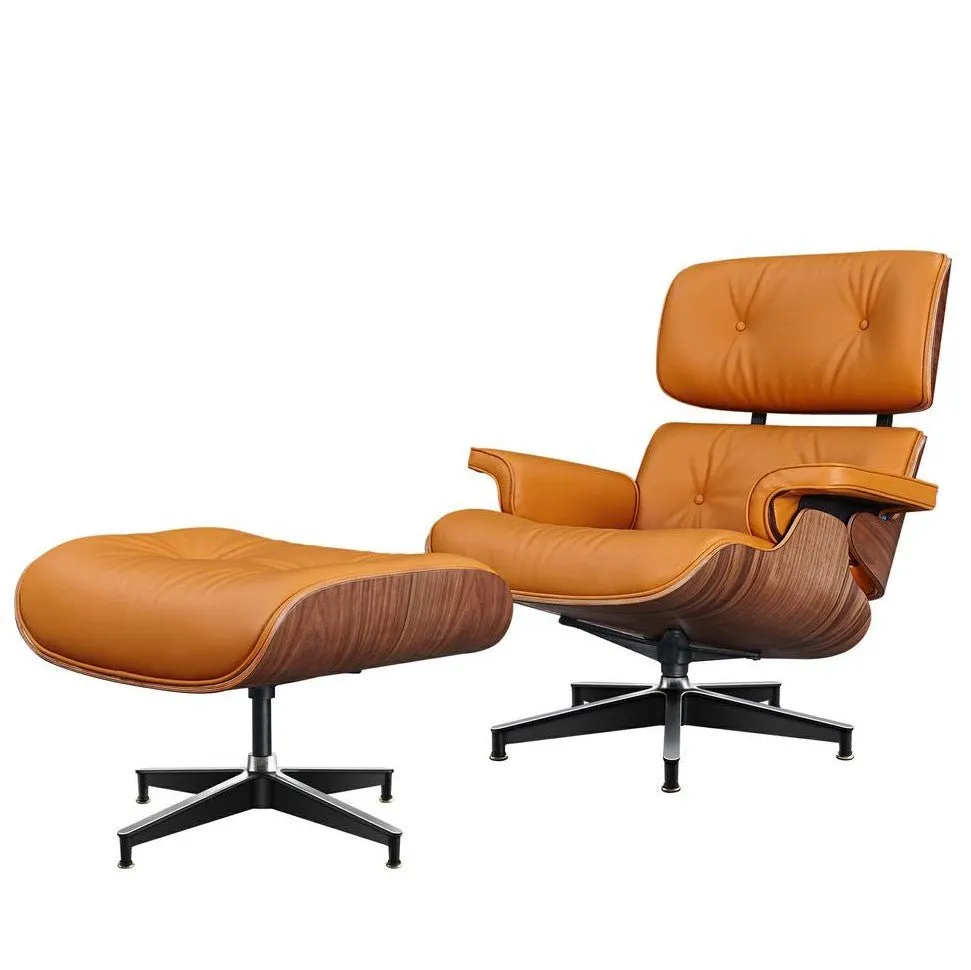 Premium Extra Large Aniline Leather Swivel Lounge Chair With Ottoman