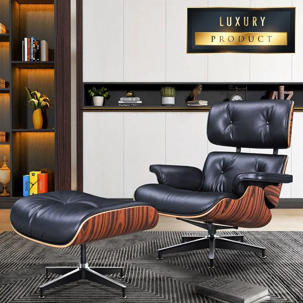 Premium Extra Large Aniline Leather Swivel Lounge Chair With Ottoman