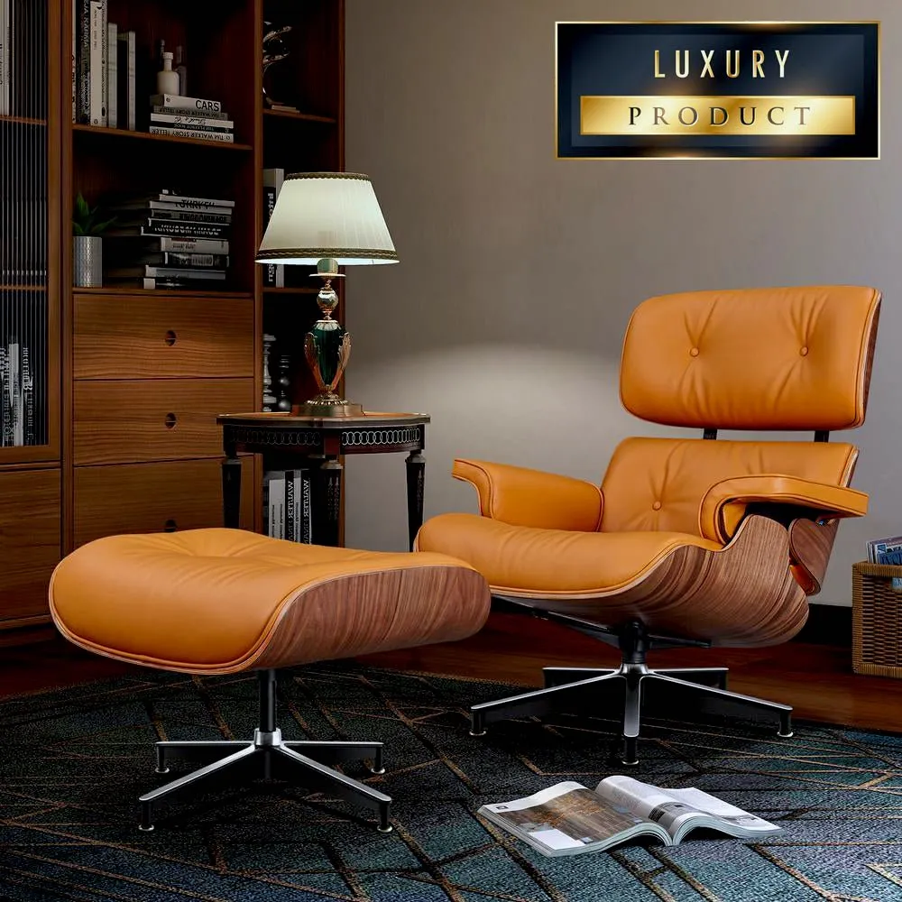 Premium Extra Large Aniline Leather Swivel Lounge Chair With Ottoman