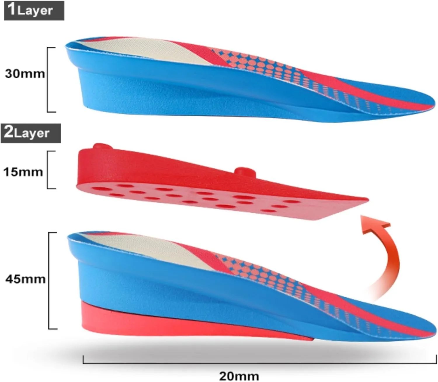Premium Height Increase Insoles, Cushioned Shoe Lifts with Heel Support and Arch Comfort for Men and Women (Blue, L (Men 8-10/Women 10.5-12.5))