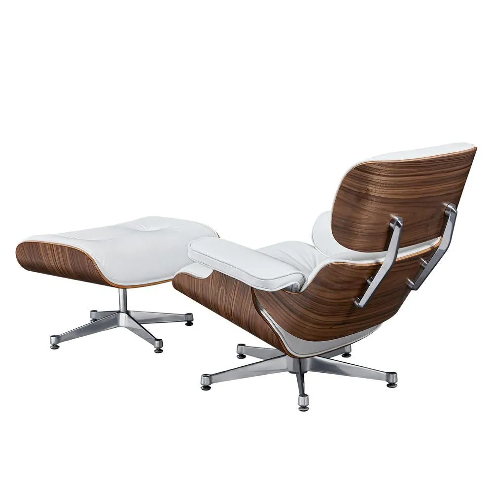 Premium Wooden Leather Swivel Lounge Chair Ottoman Set W/ Silver Base