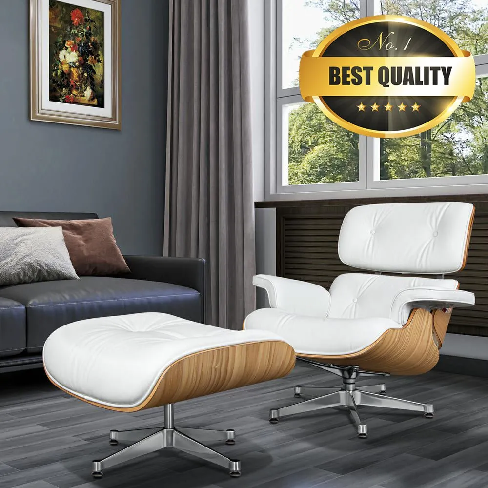 Premium Wooden Leather Swivel Lounge Chair Ottoman Set W/ Silver Base
