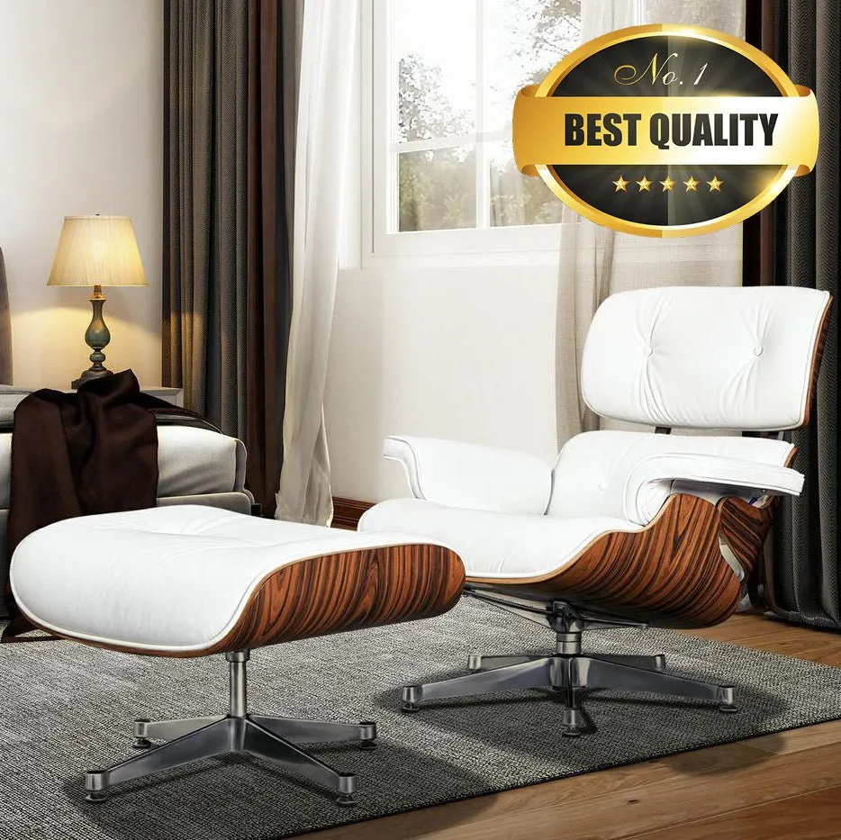Premium Wooden Leather Swivel Lounge Chair Ottoman Set W/ Silver Base