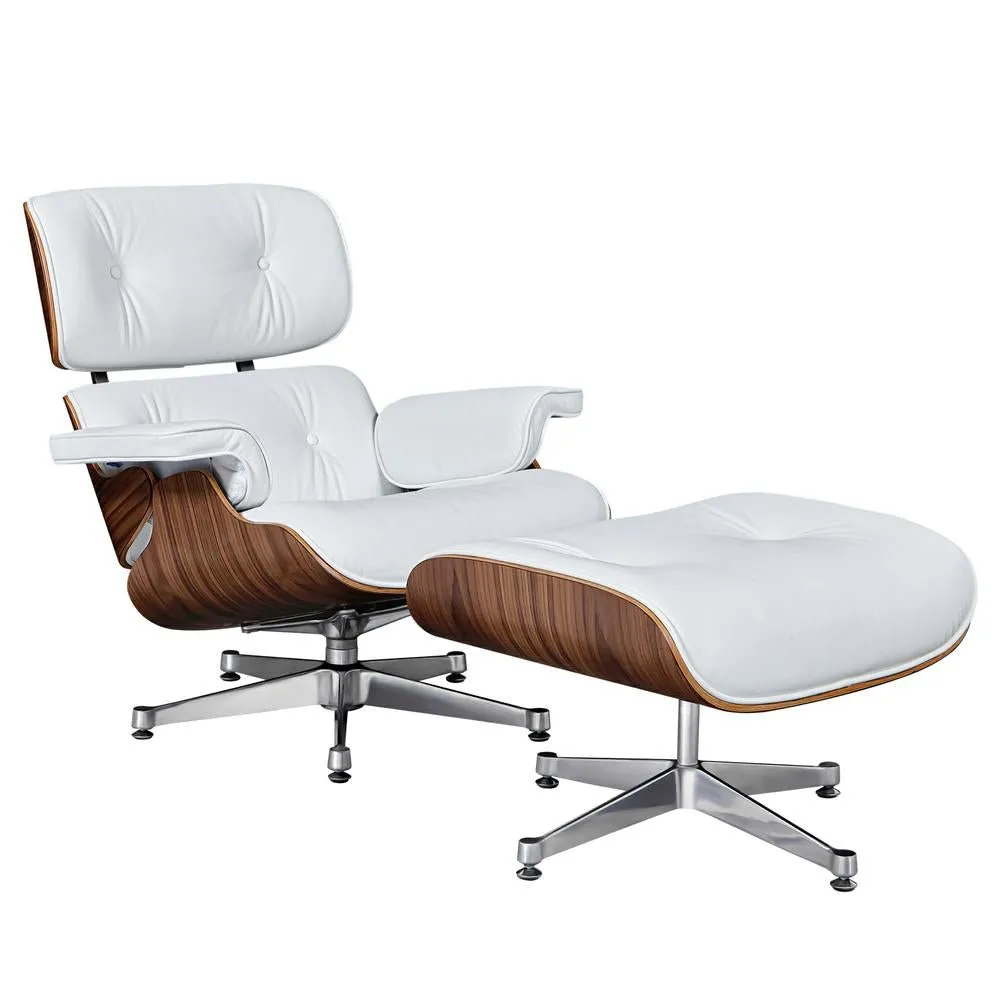 Premium Wooden Leather Swivel Lounge Chair Ottoman Set W/ Silver Base