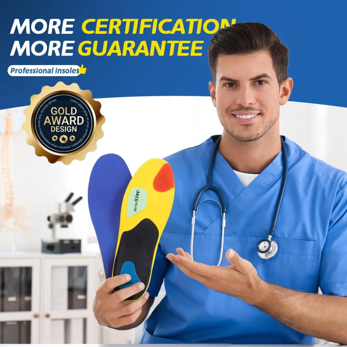 Professional Sport Insoles with Medium Arch Support and Shock Absorption for Plantar Fasciitis and Flat Feet Pain Relief in Men and Women, Orthotics Shoe Insert, Breathable & Anti-Slip, Blue, M