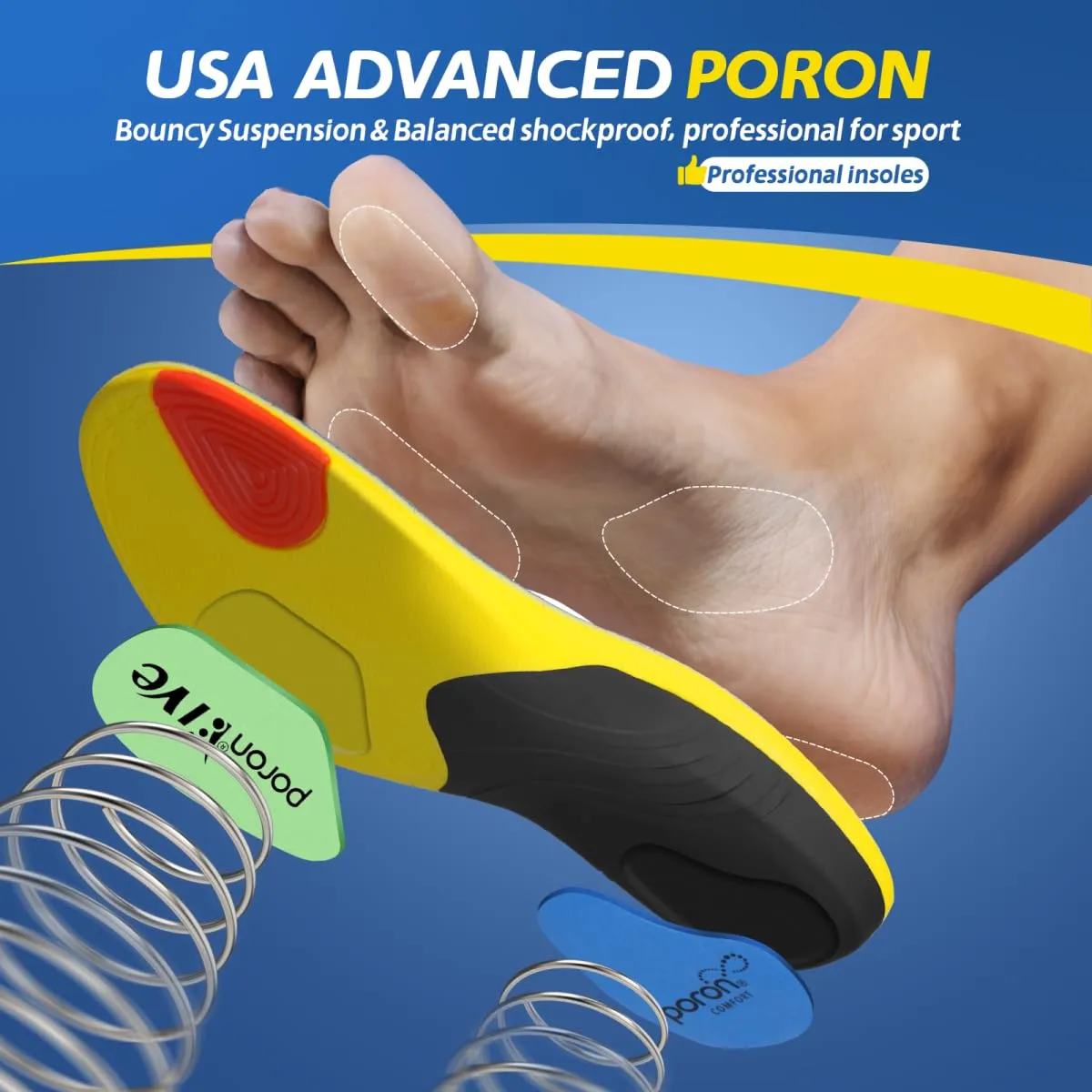 Professional Sport Insoles with Medium Arch Support and Shock Absorption for Plantar Fasciitis and Flat Feet Pain Relief in Men and Women, Orthotics Shoe Insert, Breathable & Anti-Slip, Blue, M