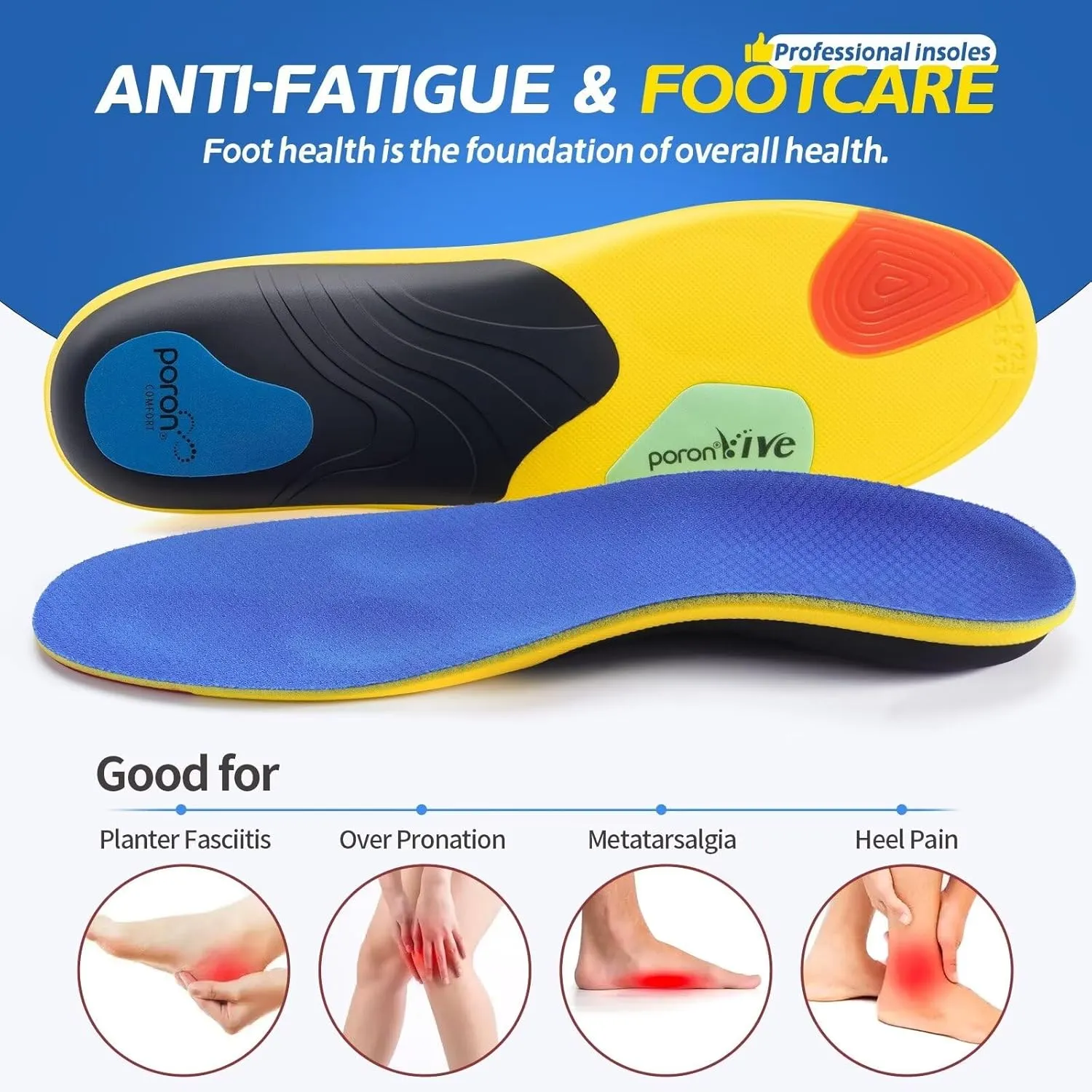 Professional Sport Insoles with Medium Arch Support and Shock Absorption for Plantar Fasciitis and Flat Feet Pain Relief in Men and Women, Orthotics Shoe Insert, Breathable & Anti-Slip, Blue, M