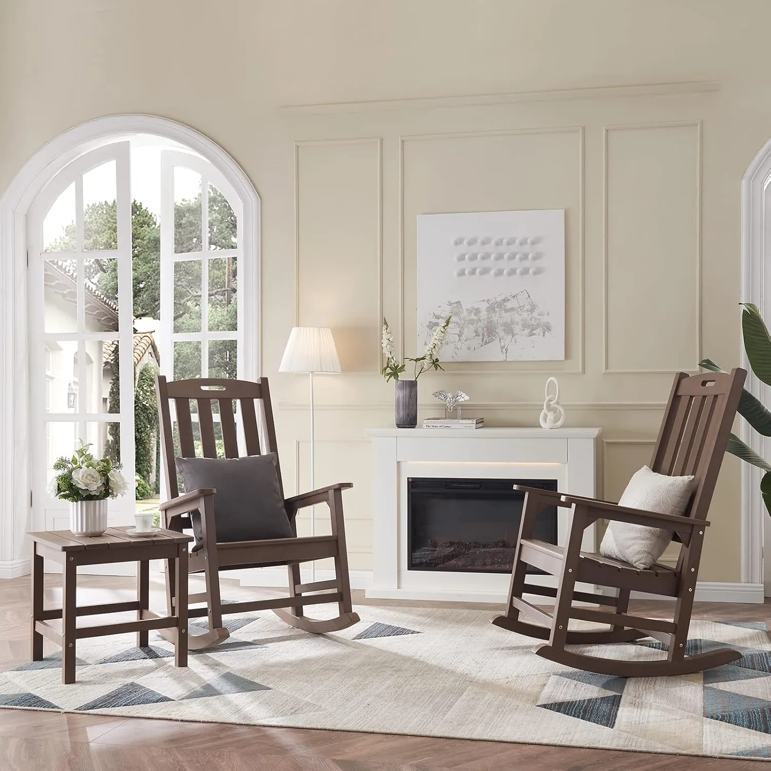 Psilvam Oversized Outdoor Rocking Chair, with 21" Wide Seat and 32" Tall Backrest, Pre-Assembled with Most Components for Effortless Installation (Brown)