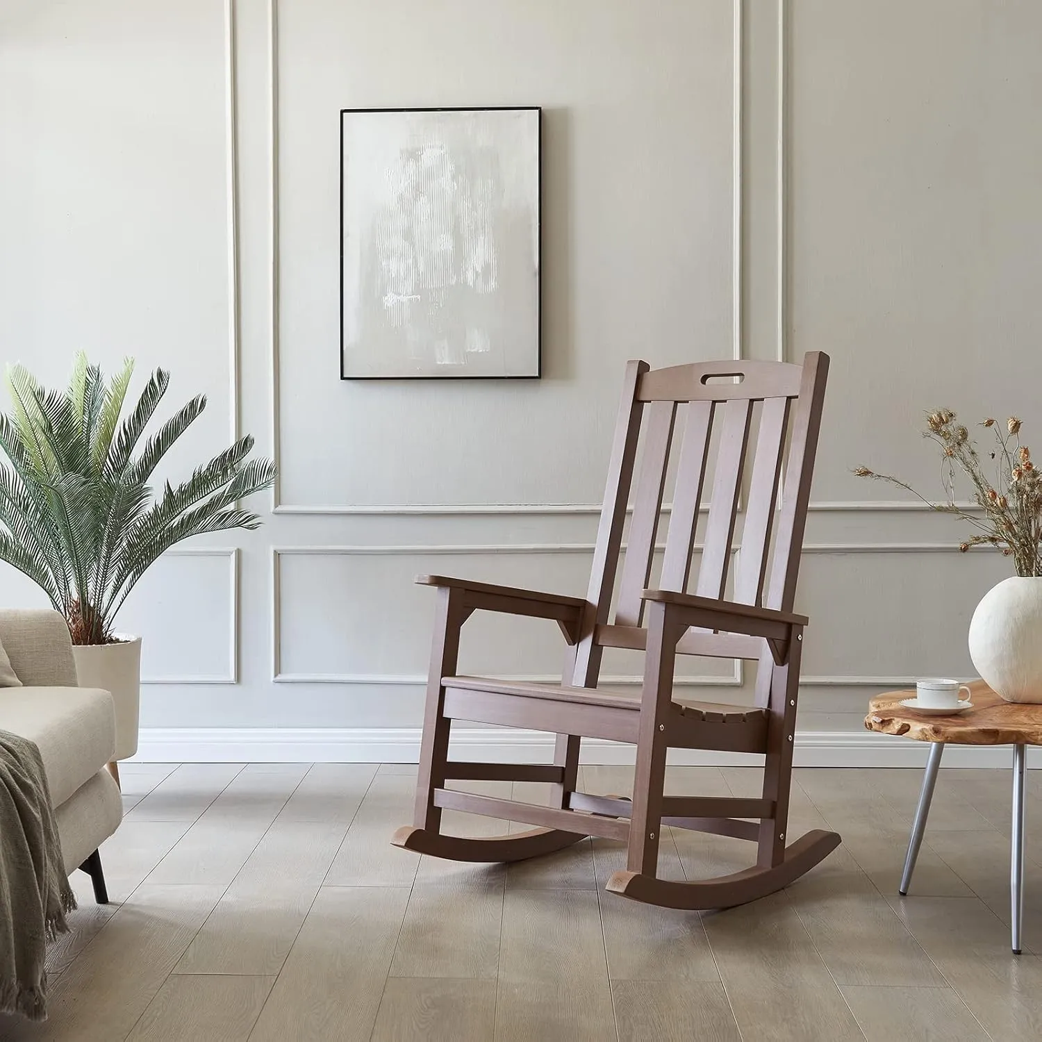 Psilvam Oversized Outdoor Rocking Chair, with 21" Wide Seat and 32" Tall Backrest, Pre-Assembled with Most Components for Effortless Installation (Brown)