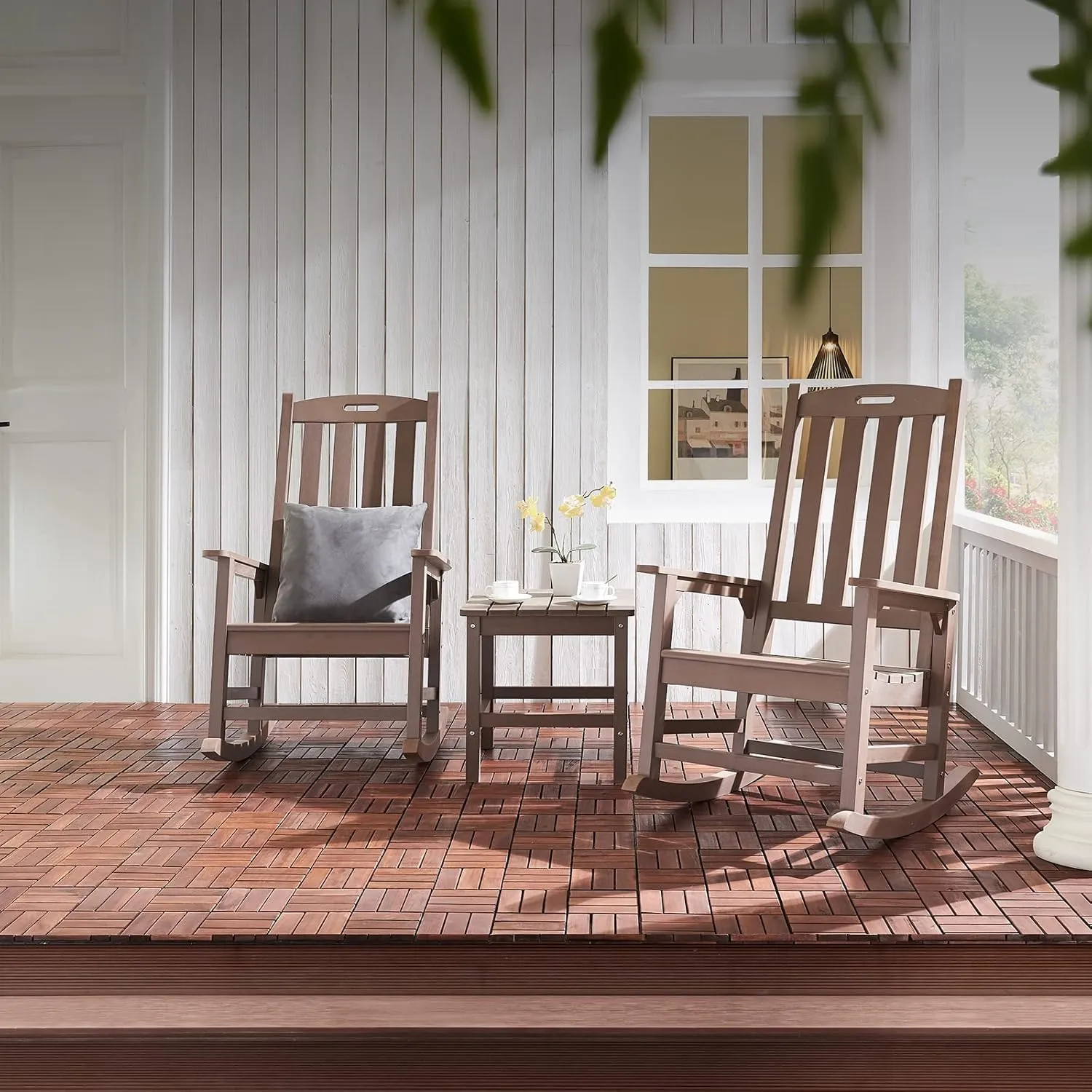 Psilvam Oversized Outdoor Rocking Chair, with 21" Wide Seat and 32" Tall Backrest, Pre-Assembled with Most Components for Effortless Installation (Brown)