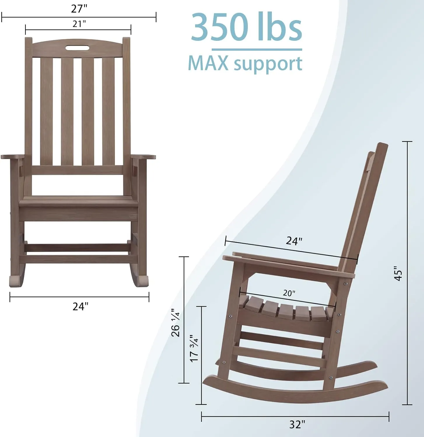 Psilvam Oversized Outdoor Rocking Chair, with 21" Wide Seat and 32" Tall Backrest, Pre-Assembled with Most Components for Effortless Installation (Brown)