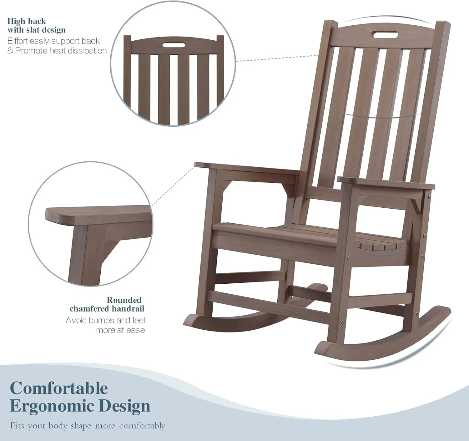 Psilvam Oversized Outdoor Rocking Chair, with 21" Wide Seat and 32" Tall Backrest, Pre-Assembled with Most Components for Effortless Installation (Brown)