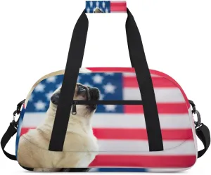 Pug Dog Gym Duffel Bag for Men Women USA American Flag Sports Tote Bag with Adjustable Shoulder Strap for Dance Gymnastics Traveling Outdoor Camping Overnight Stay