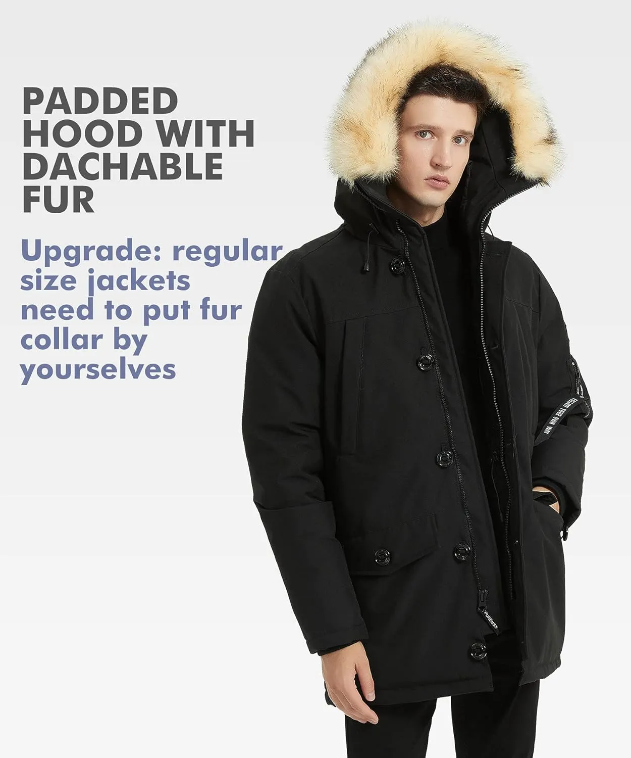 PUREMSX Winter Jackets for Men, Insulated Thick Warm Padded Puffer Coat with Fur Hood