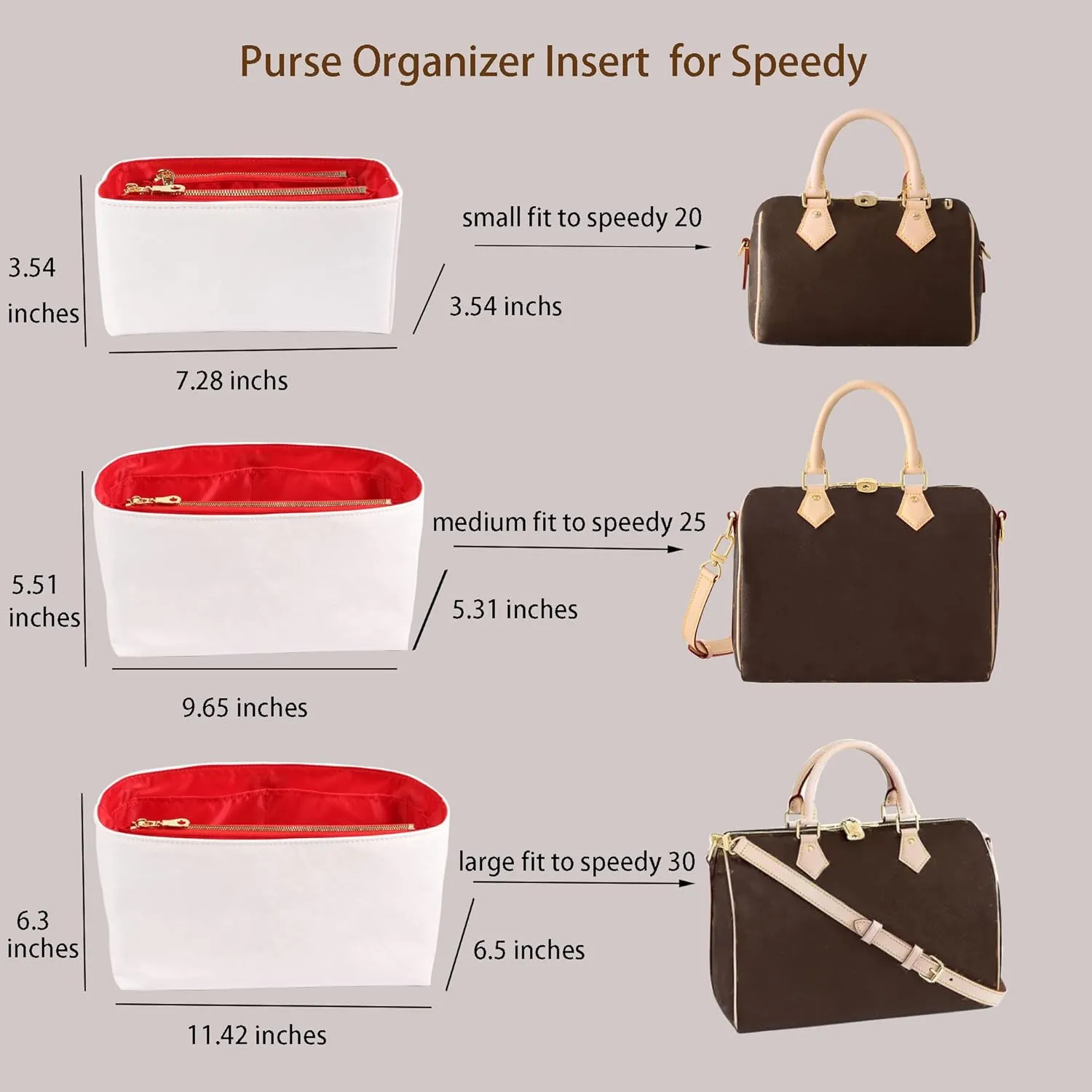 Purse Organizer Insert for handbag，Dupont paper Ultra-Light weight Bag Organizer Insert for LV Speedy 20 Waterproof (Small-white red)