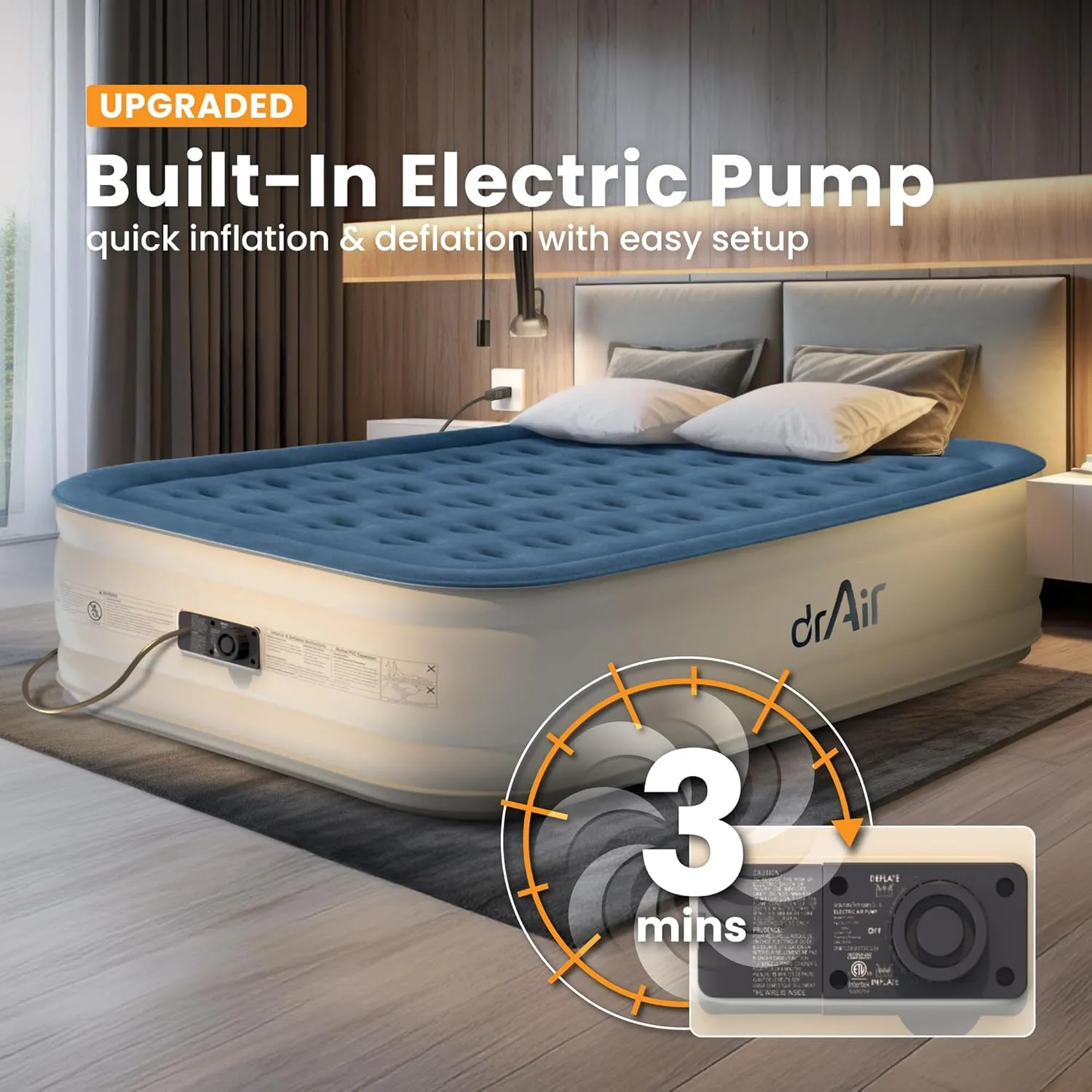 Queen Air Mattress, 18” Raised Inflatable Bed with Built-in Pump, Waterproof Velvety Top, Ergonomic Design, Reinforced Support, and Carry Bag for Home, Camping, and Guests