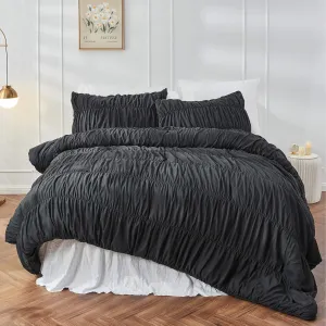 Queen Comforter Set - Black Boho Shabby Chic Bedding for Bedroom - Fluffy 3 Piece Ruffle Comforter Set with Pillow