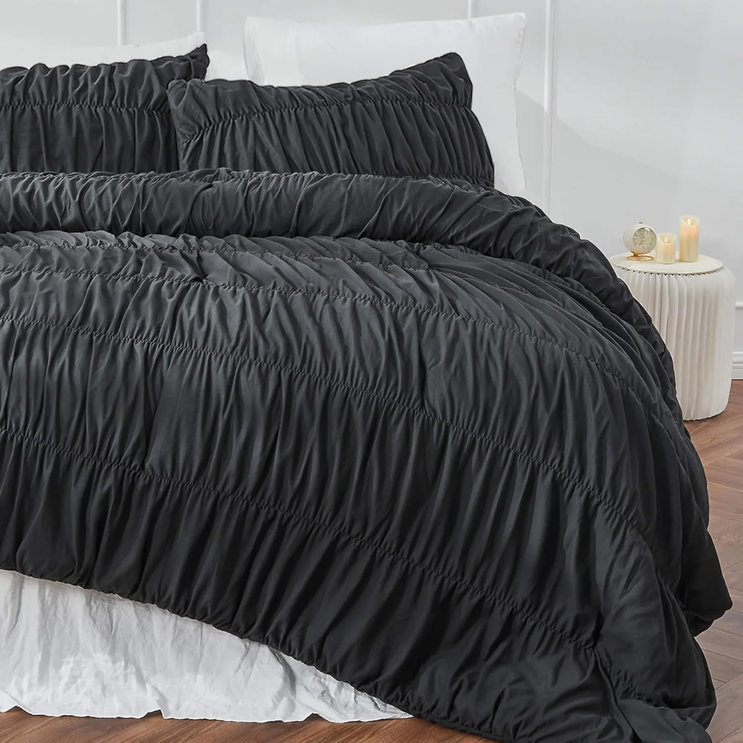 Queen Comforter Set - Black Boho Shabby Chic Bedding for Bedroom - Fluffy 3 Piece Ruffle Comforter Set with Pillow