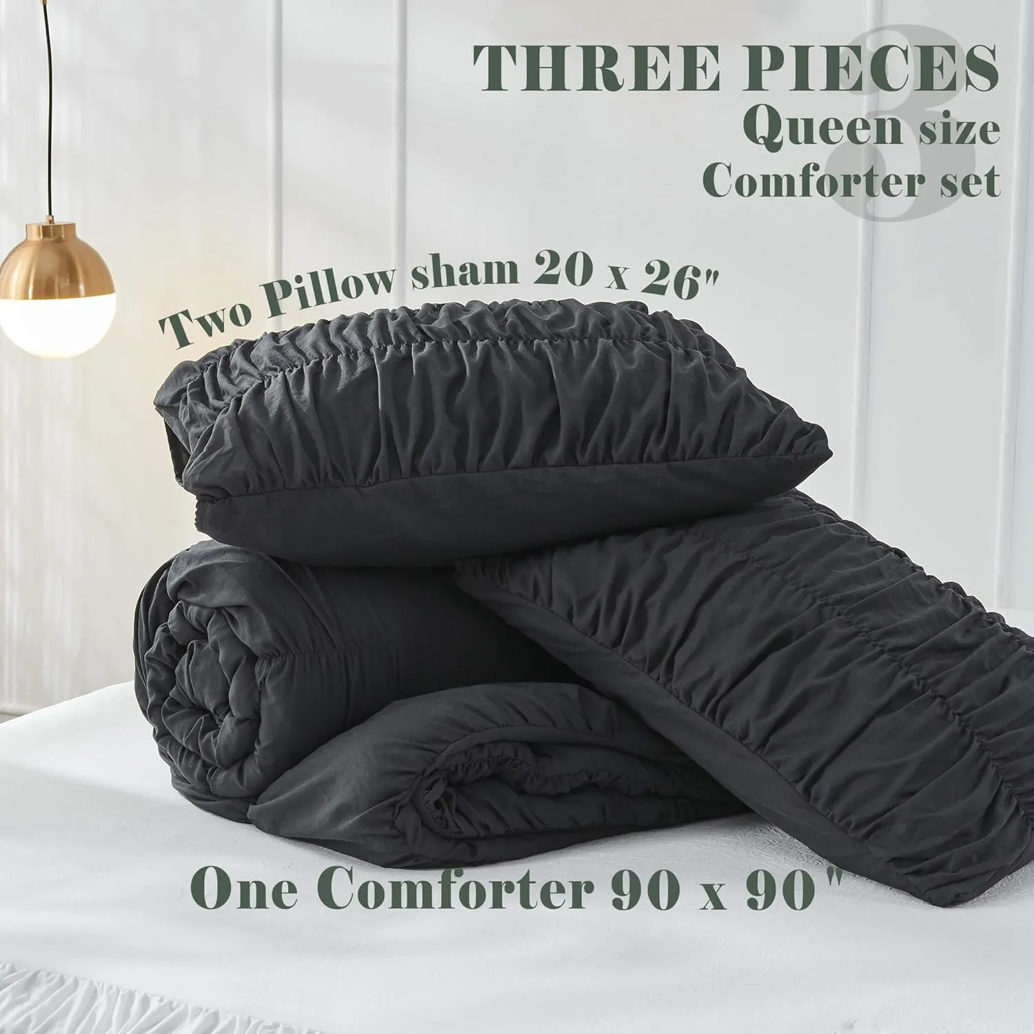 Queen Comforter Set - Black Boho Shabby Chic Bedding for Bedroom - Fluffy 3 Piece Ruffle Comforter Set with Pillow