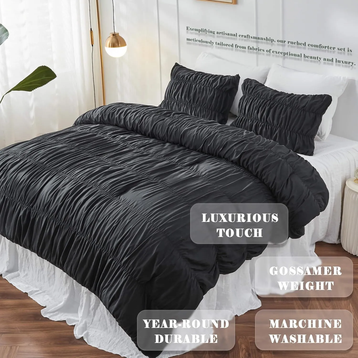 Queen Comforter Set - Black Boho Shabby Chic Bedding for Bedroom - Fluffy 3 Piece Ruffle Comforter Set with Pillow