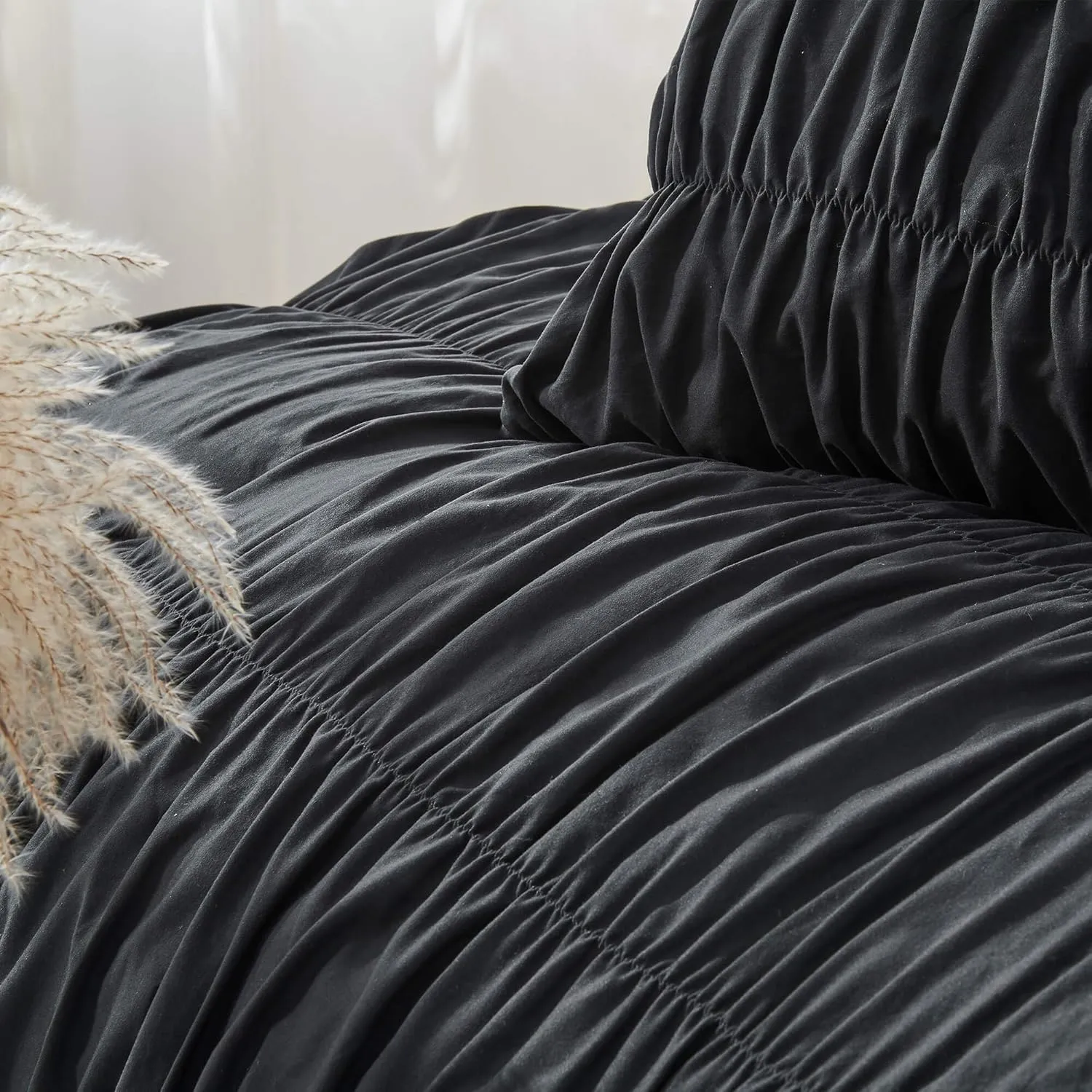 Queen Comforter Set - Black Boho Shabby Chic Bedding for Bedroom - Fluffy 3 Piece Ruffle Comforter Set with Pillow