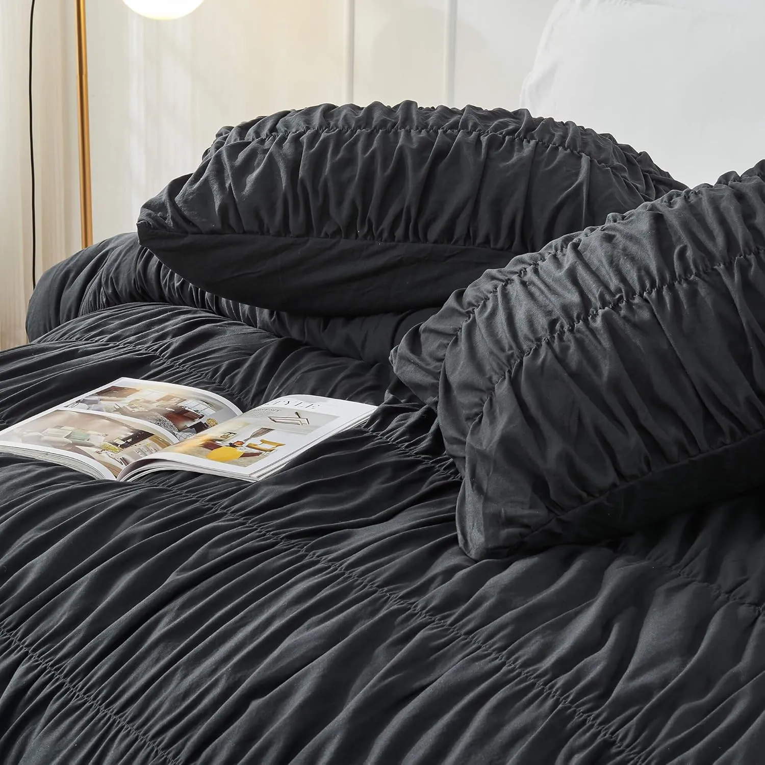 Queen Comforter Set - Black Boho Shabby Chic Bedding for Bedroom - Fluffy 3 Piece Ruffle Comforter Set with Pillow