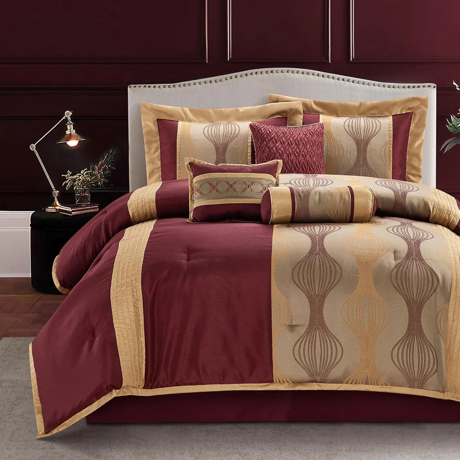 Queen Comforter Set, Wine Gold, 7 Pieces Bed in a Bag, Ultra Soft Jacquard with Solid Piecework, Luxury Bed Set with Comforters, Bed Skirt, Pillow Shams and Decorative Pillows