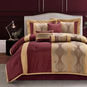 Queen Comforter Set, Wine Gold, 7 Pieces Bed in a Bag, Ultra Soft Jacquard with Solid Piecework, Luxury Bed Set with Comforters, Bed Skirt, Pillow Shams and Decorative Pillows