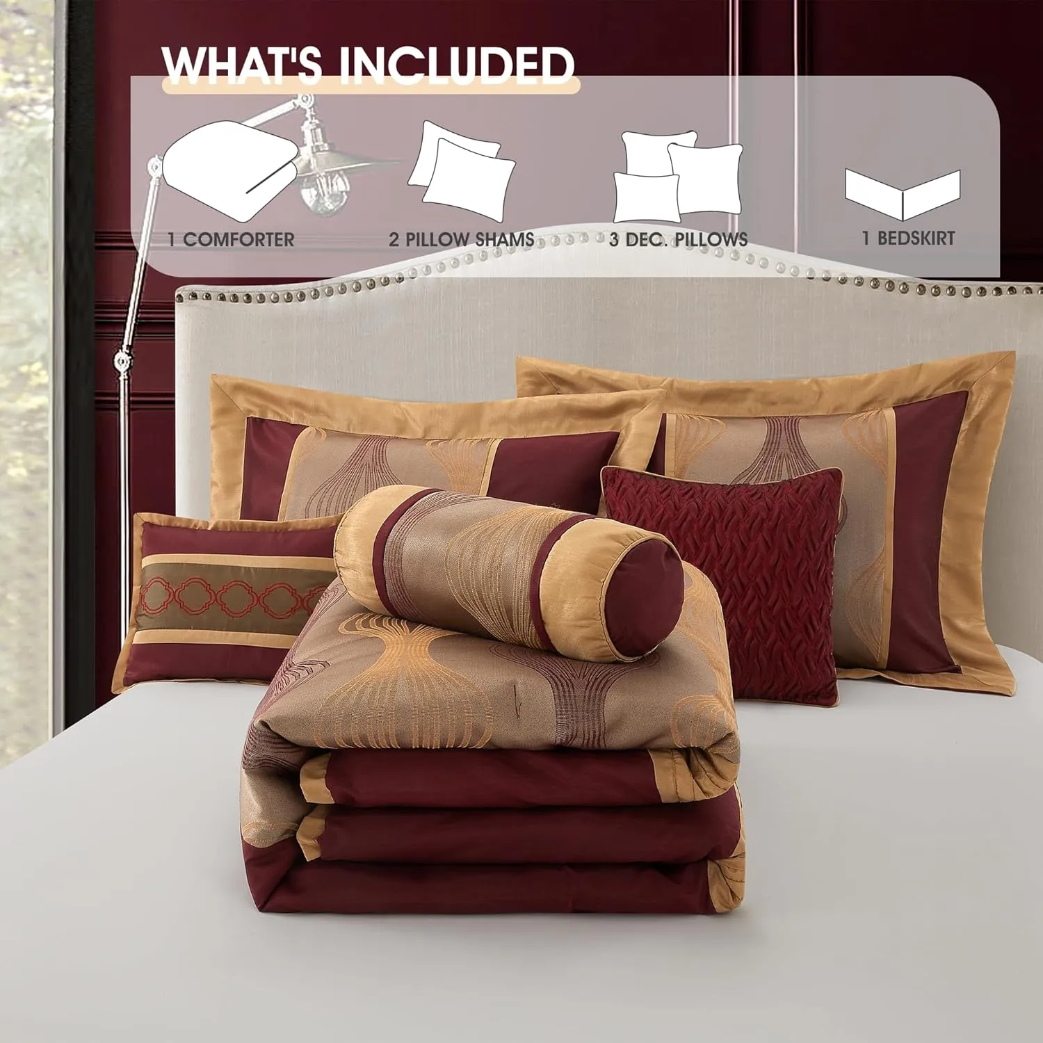 Queen Comforter Set, Wine Gold, 7 Pieces Bed in a Bag, Ultra Soft Jacquard with Solid Piecework, Luxury Bed Set with Comforters, Bed Skirt, Pillow Shams and Decorative Pillows