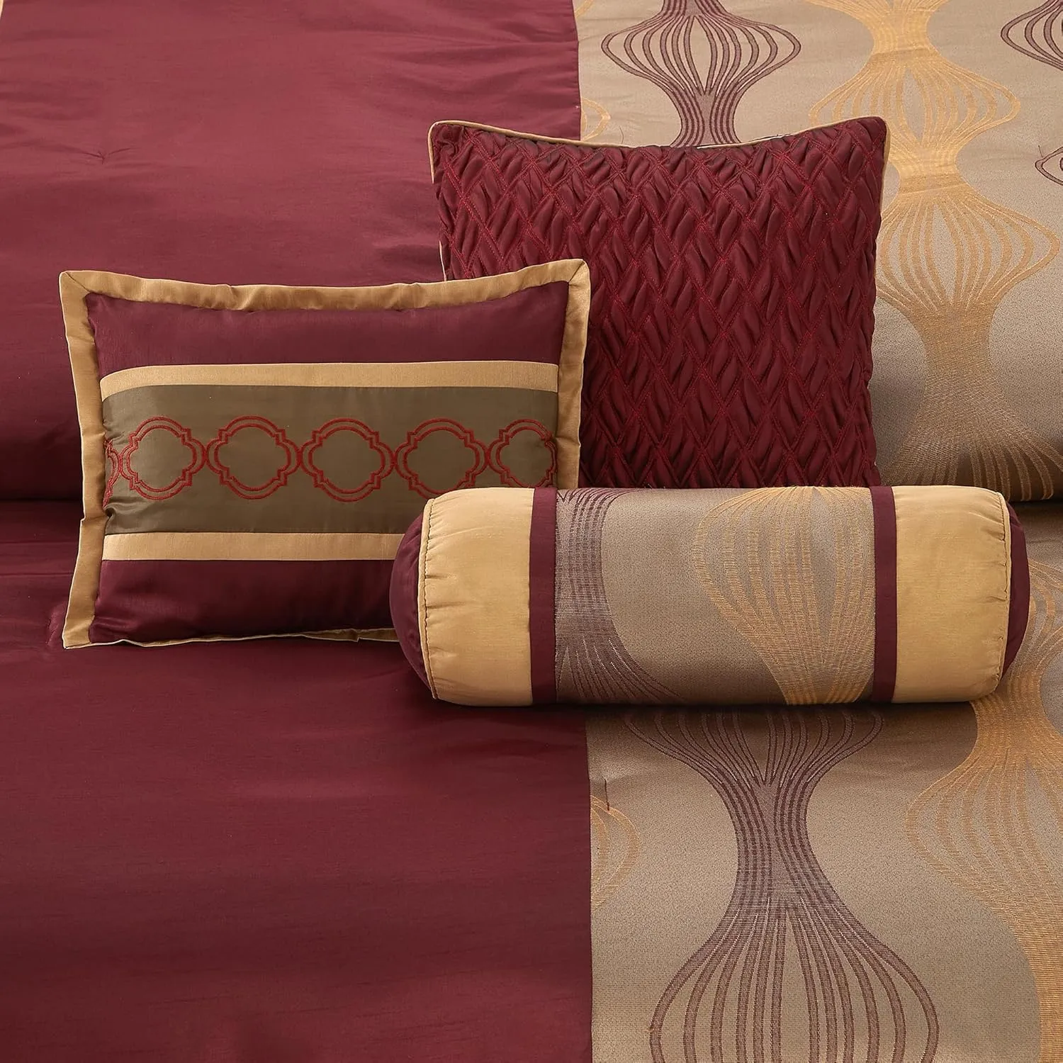 Queen Comforter Set, Wine Gold, 7 Pieces Bed in a Bag, Ultra Soft Jacquard with Solid Piecework, Luxury Bed Set with Comforters, Bed Skirt, Pillow Shams and Decorative Pillows