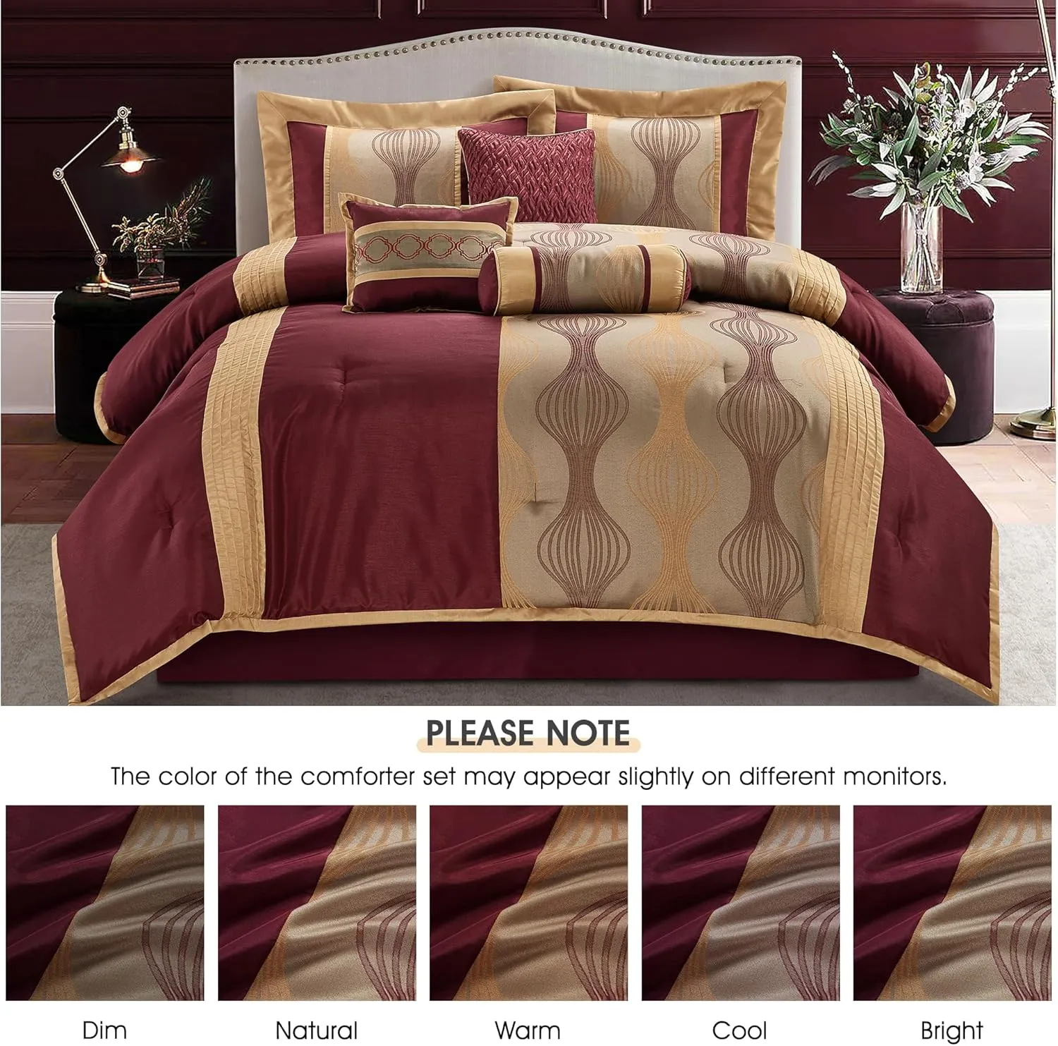 Queen Comforter Set, Wine Gold, 7 Pieces Bed in a Bag, Ultra Soft Jacquard with Solid Piecework, Luxury Bed Set with Comforters, Bed Skirt, Pillow Shams and Decorative Pillows