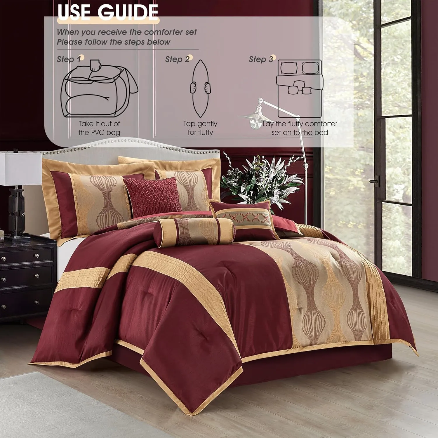 Queen Comforter Set, Wine Gold, 7 Pieces Bed in a Bag, Ultra Soft Jacquard with Solid Piecework, Luxury Bed Set with Comforters, Bed Skirt, Pillow Shams and Decorative Pillows