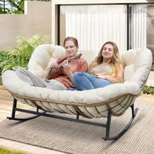 RADIATA Double Egg Rocking Chair for 2, 700lbs Oversized Rattan Recliner Loveseat with Cushion, Comfy Large Luxury Papasan Rocker for Outdoor Patio Balcony Backyard Indoor, Beige No Ottomans
