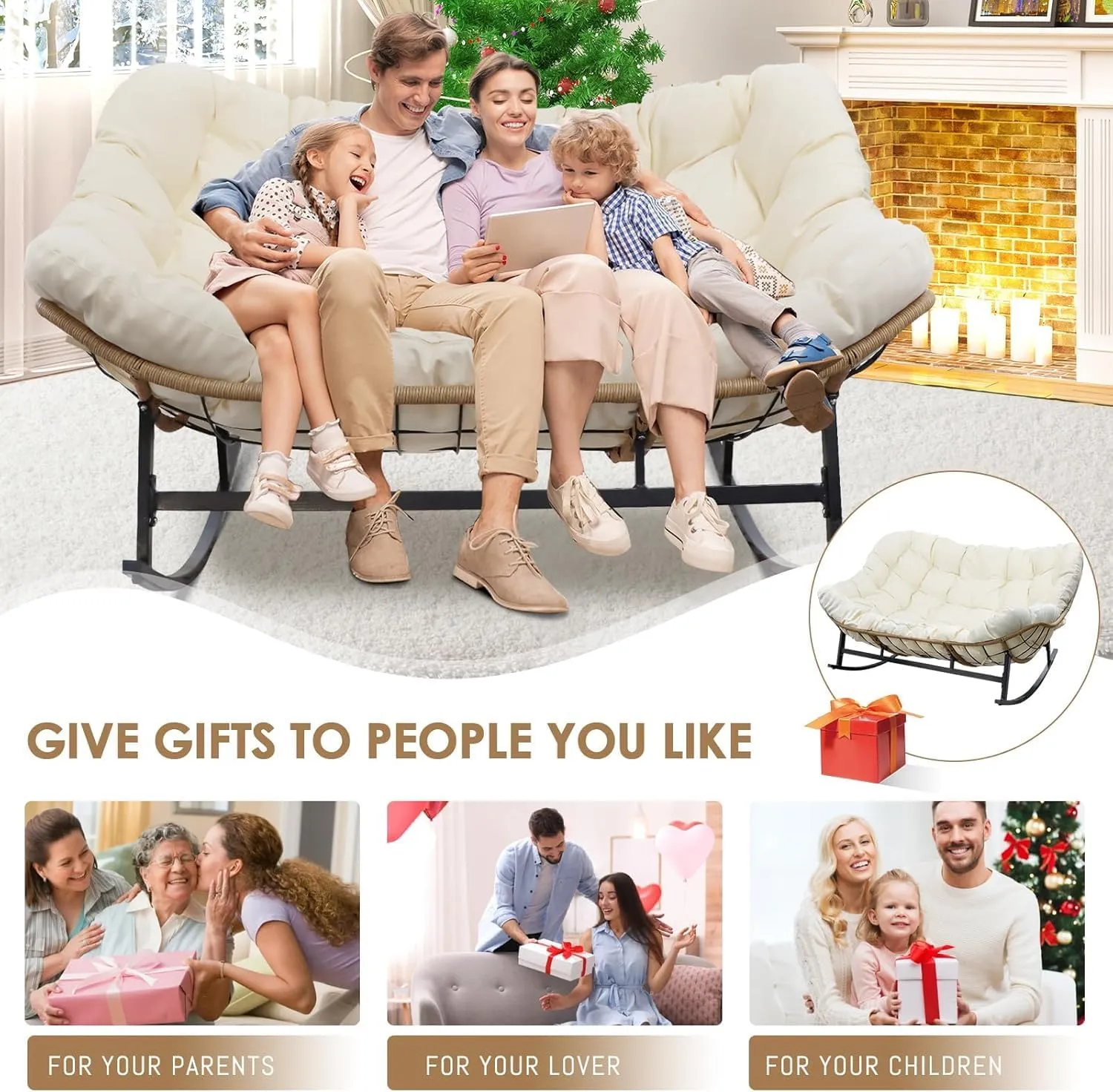 RADIATA Double Egg Rocking Chair for 2, 700lbs Oversized Rattan Recliner Loveseat with Cushion, Comfy Large Luxury Papasan Rocker for Outdoor Patio Balcony Backyard Indoor, Beige No Ottomans