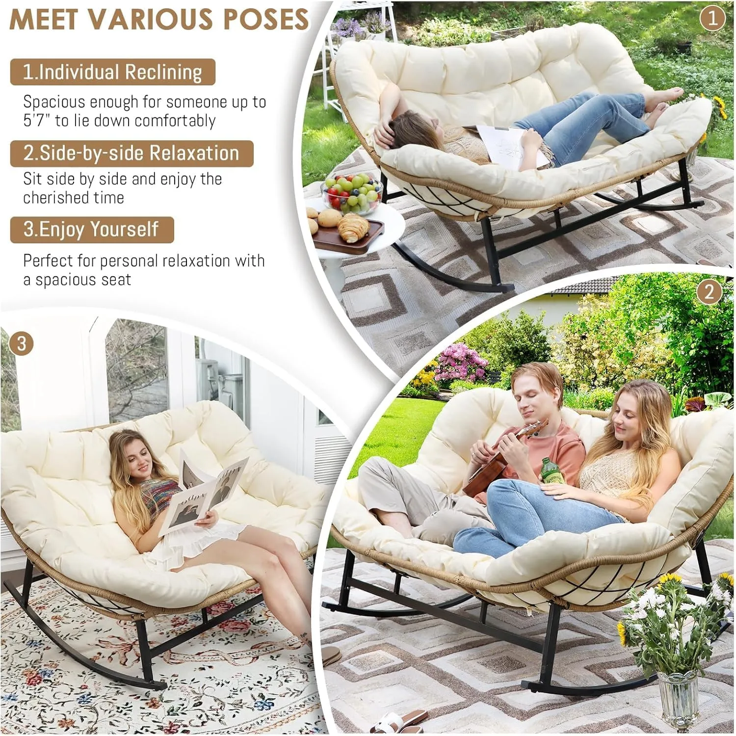 RADIATA Double Egg Rocking Chair for 2, 700lbs Oversized Rattan Recliner Loveseat with Cushion, Comfy Large Luxury Papasan Rocker for Outdoor Patio Balcony Backyard Indoor, Beige No Ottomans