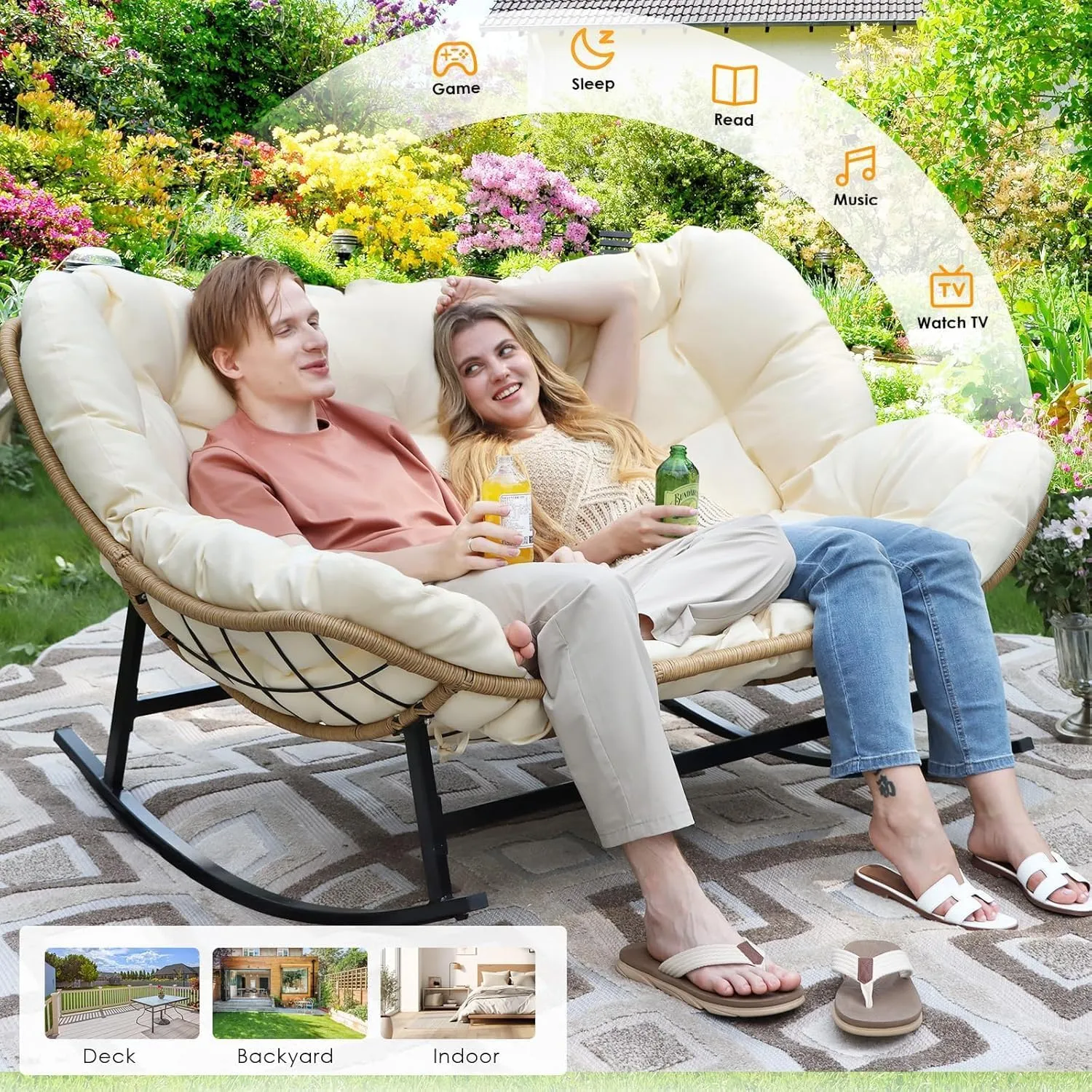 RADIATA Double Egg Rocking Chair for 2, 700lbs Oversized Rattan Recliner Loveseat with Cushion, Comfy Large Luxury Papasan Rocker for Outdoor Patio Balcony Backyard Indoor, Beige No Ottomans