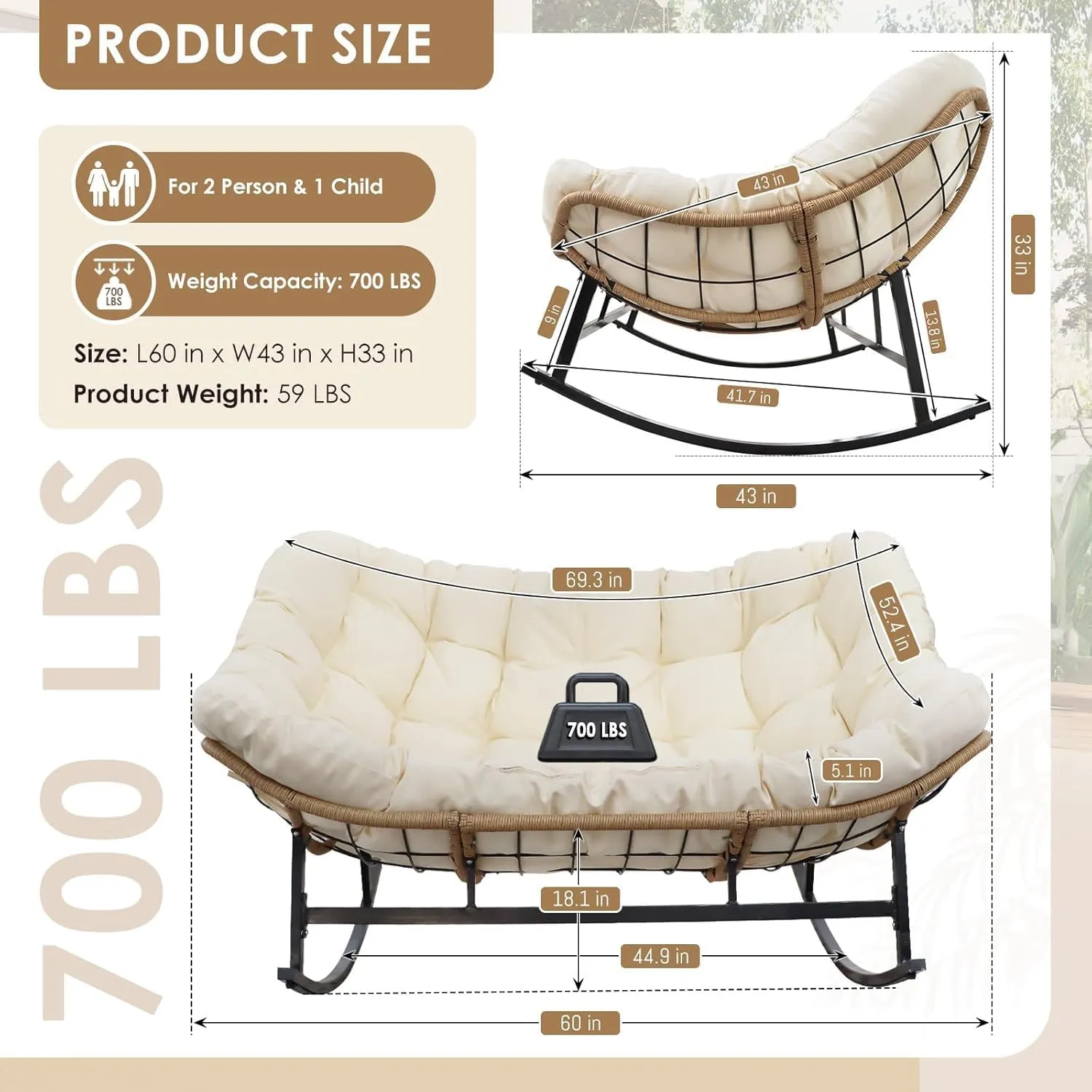 RADIATA Double Egg Rocking Chair for 2, 700lbs Oversized Rattan Recliner Loveseat with Cushion, Comfy Large Luxury Papasan Rocker for Outdoor Patio Balcony Backyard Indoor, Beige No Ottomans