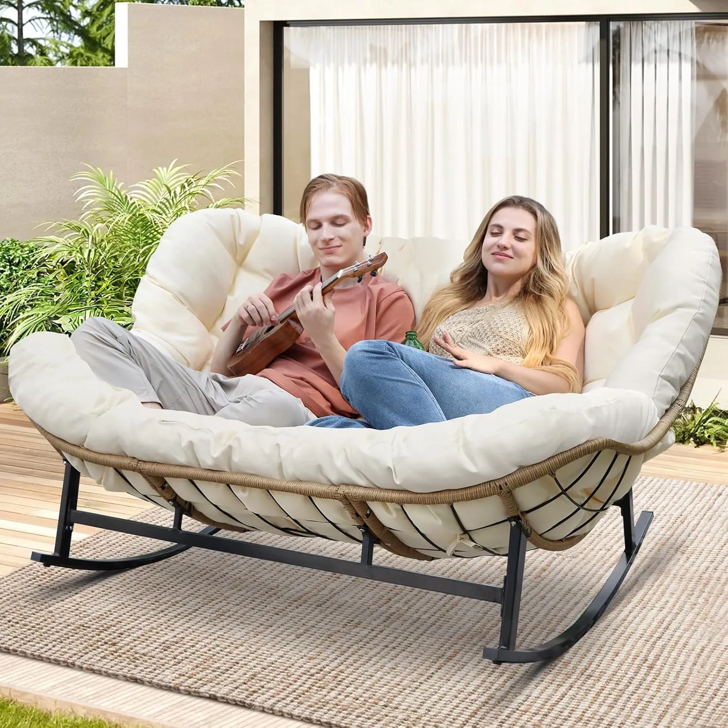 RADIATA Double Egg Rocking Chair for 2, 700lbs Oversized Rattan Recliner Loveseat with Cushion, Comfy Large Luxury Papasan Rocker for Outdoor Patio Balcony Backyard Indoor, Beige No Ottomans
