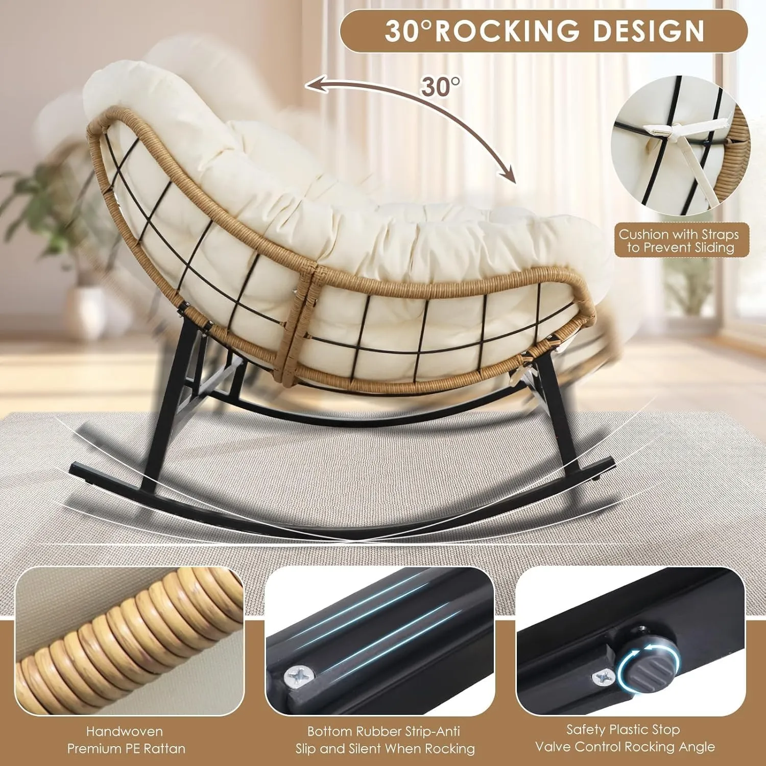 RADIATA Double Egg Rocking Chair for 2, 700lbs Oversized Rattan Recliner Loveseat with Cushion, Comfy Large Luxury Papasan Rocker for Outdoor Patio Balcony Backyard Indoor, Beige No Ottomans