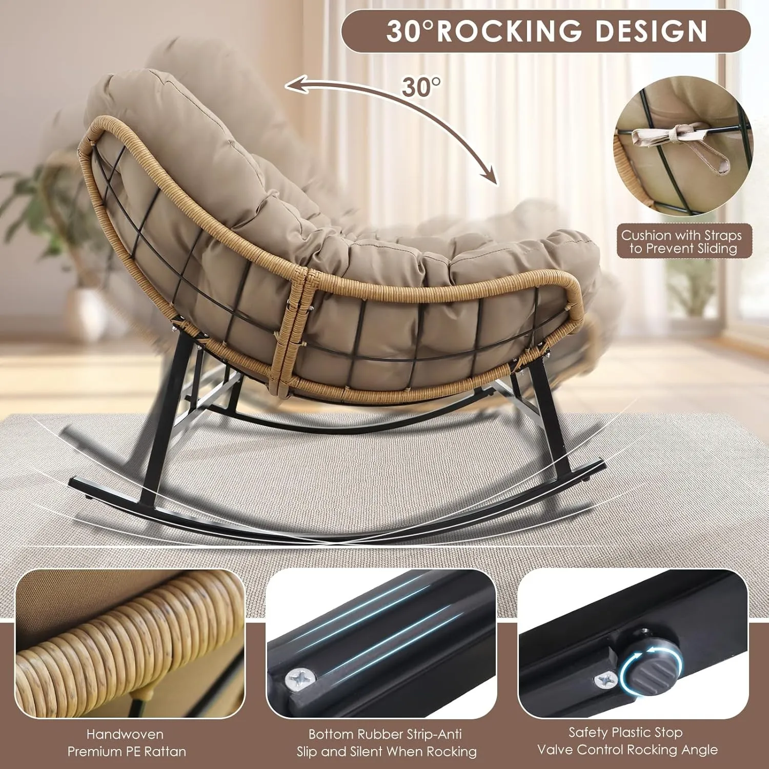 RADIATA Double Rocking Chair, Oversized Egg Rocking Chair for 2, Wide Papasan Loveseat with Cushion for Indoor Outdoor Patio Garden, 700lbs Weight Capacity (Brown Without Footrest)