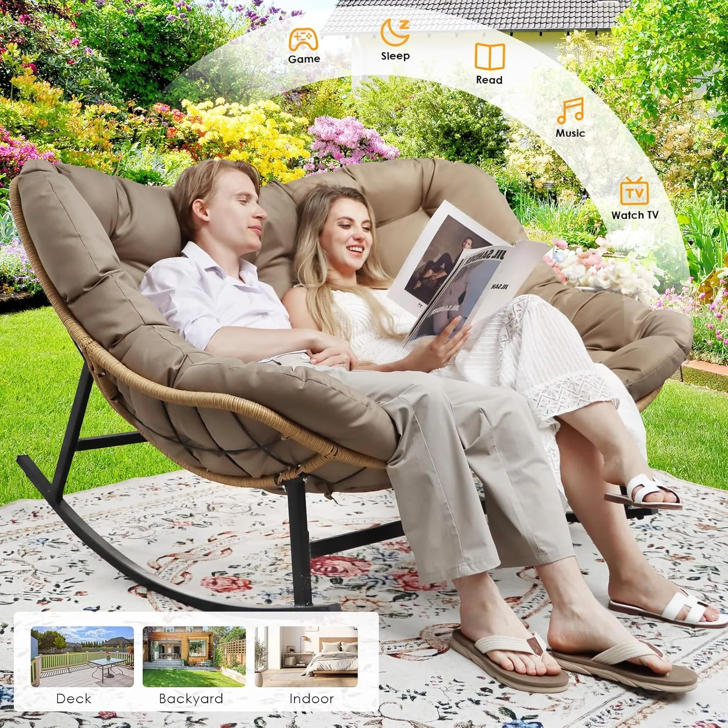 RADIATA Double Rocking Chair, Oversized Egg Rocking Chair for 2, Wide Papasan Loveseat with Cushion for Indoor Outdoor Patio Garden, 700lbs Weight Capacity (Brown Without Footrest)