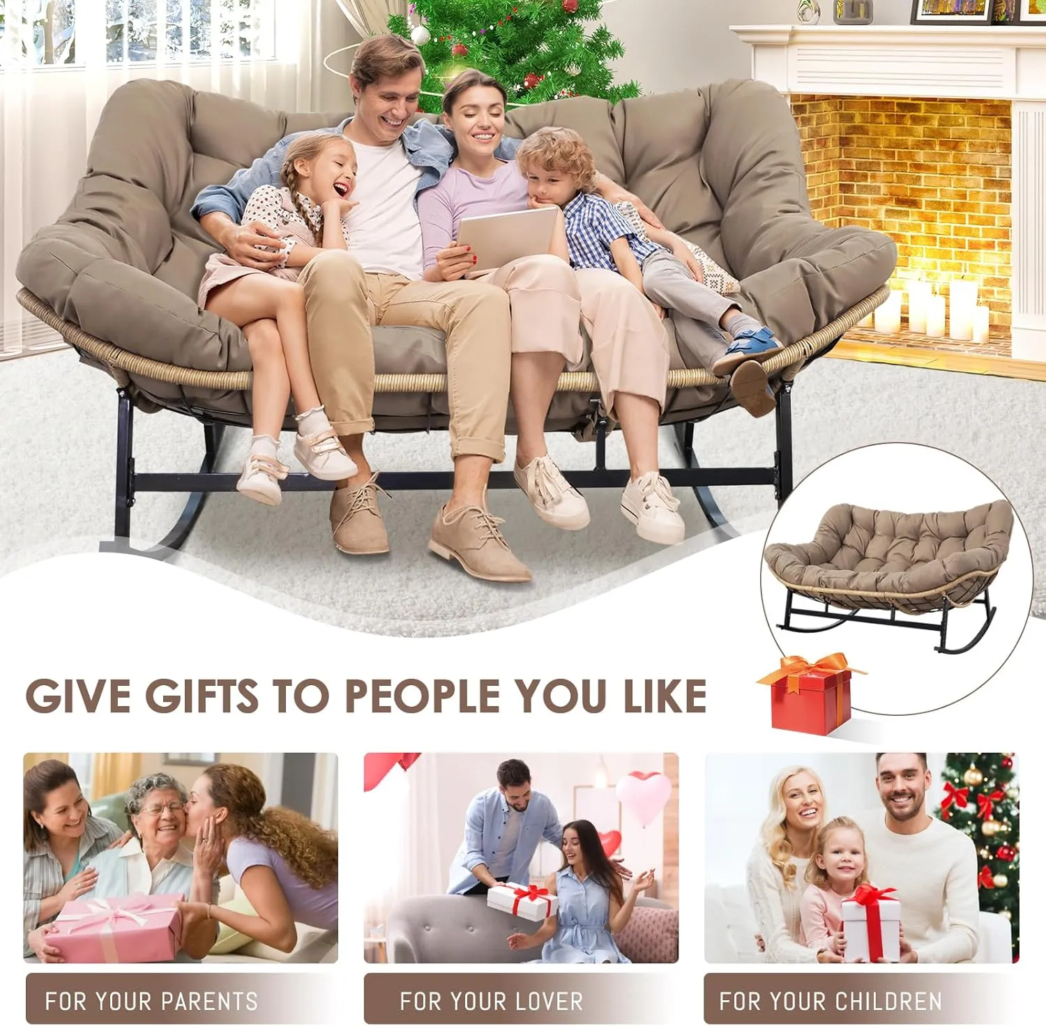 RADIATA Double Rocking Chair, Oversized Egg Rocking Chair for 2, Wide Papasan Loveseat with Cushion for Indoor Outdoor Patio Garden, 700lbs Weight Capacity (Brown Without Footrest)