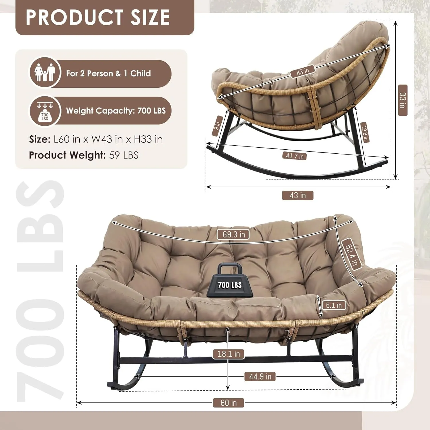 RADIATA Double Rocking Chair, Oversized Egg Rocking Chair for 2, Wide Papasan Loveseat with Cushion for Indoor Outdoor Patio Garden, 700lbs Weight Capacity (Brown Without Footrest)