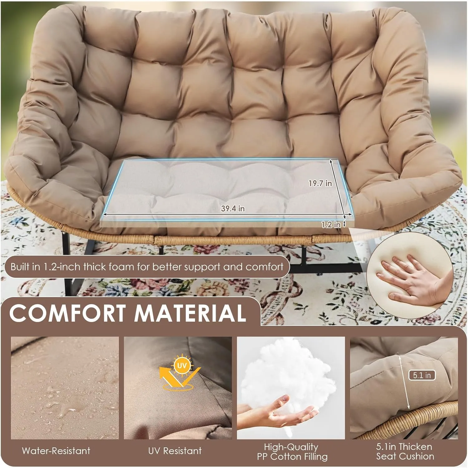 RADIATA Double Rocking Chair, Oversized Egg Rocking Chair for 2, Wide Papasan Loveseat with Cushion for Indoor Outdoor Patio Garden, 700lbs Weight Capacity (Brown Without Footrest)